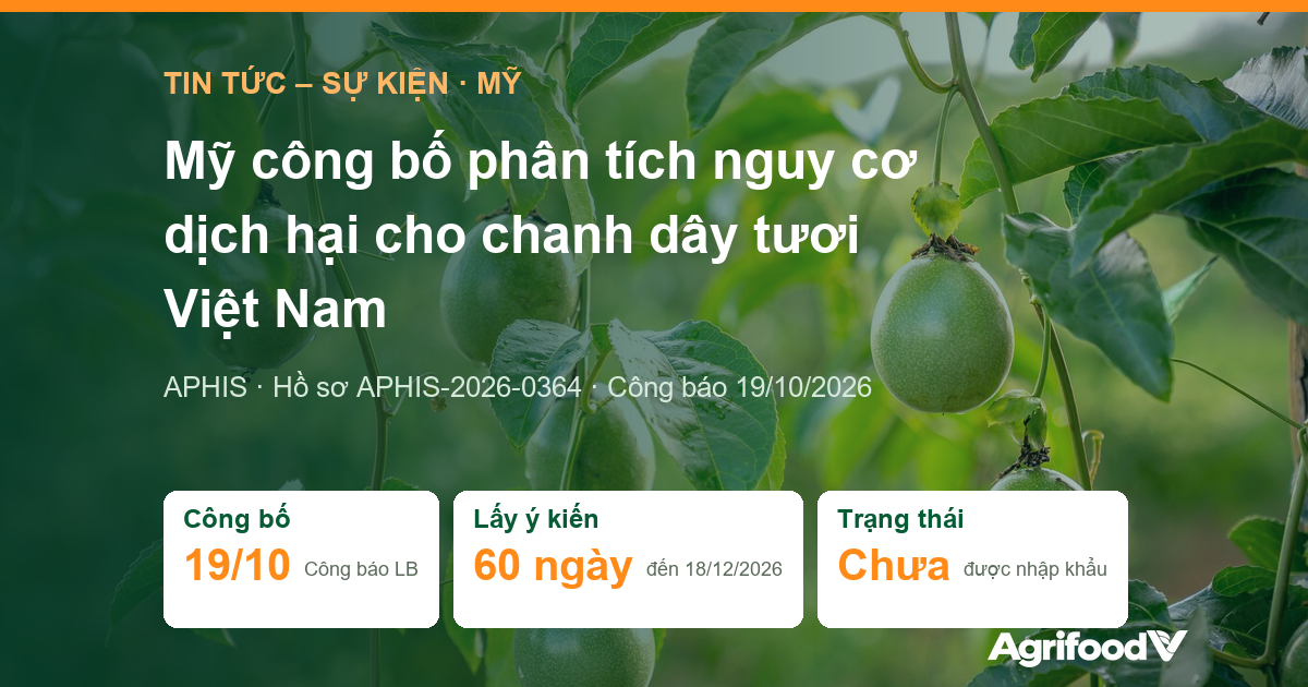 Mỹ công bố phân tích nguy cơ dịch hại cho chanh dây tươi Việt Nam, lấy ý kiến đến 18/12/2026