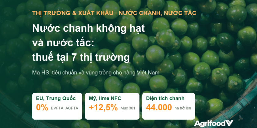 Nước chanh không hạt và nước tắc xuất khẩu: thuế, tiêu chuẩn và vùng trồng tại 7 thị trường