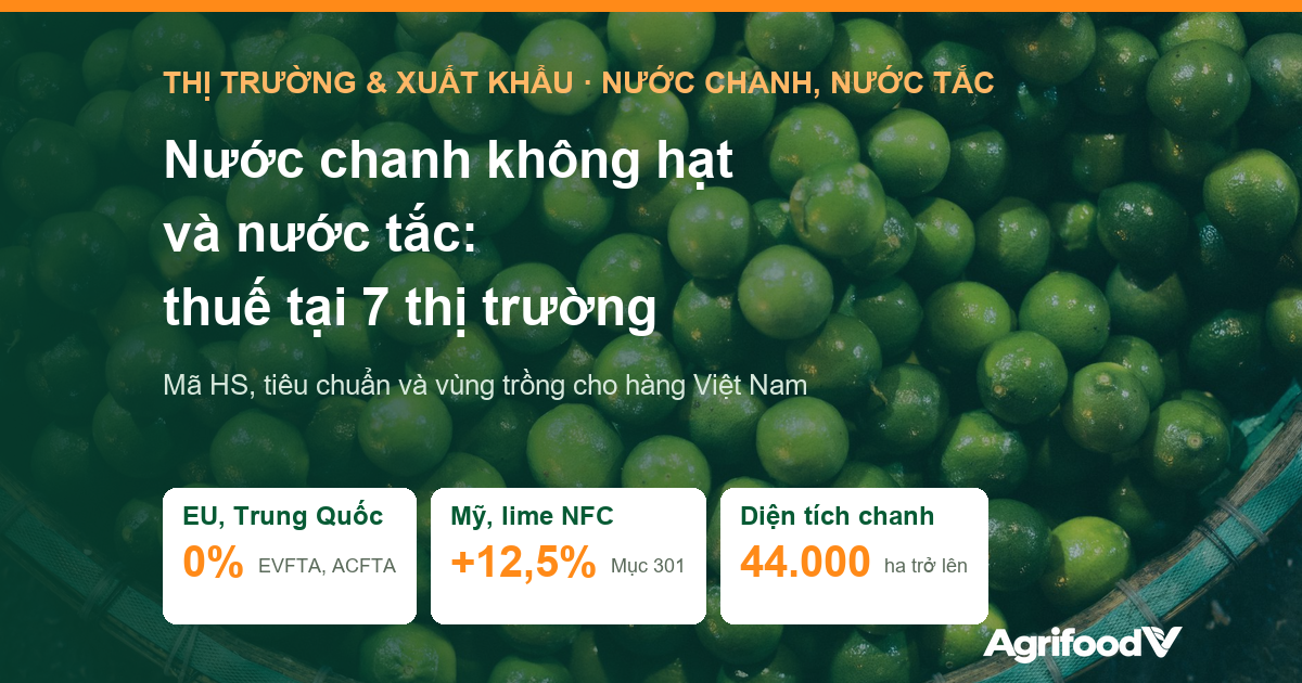 Nước chanh không hạt và nước tắc xuất khẩu: thuế, tiêu chuẩn và vùng trồng tại 7 thị trường