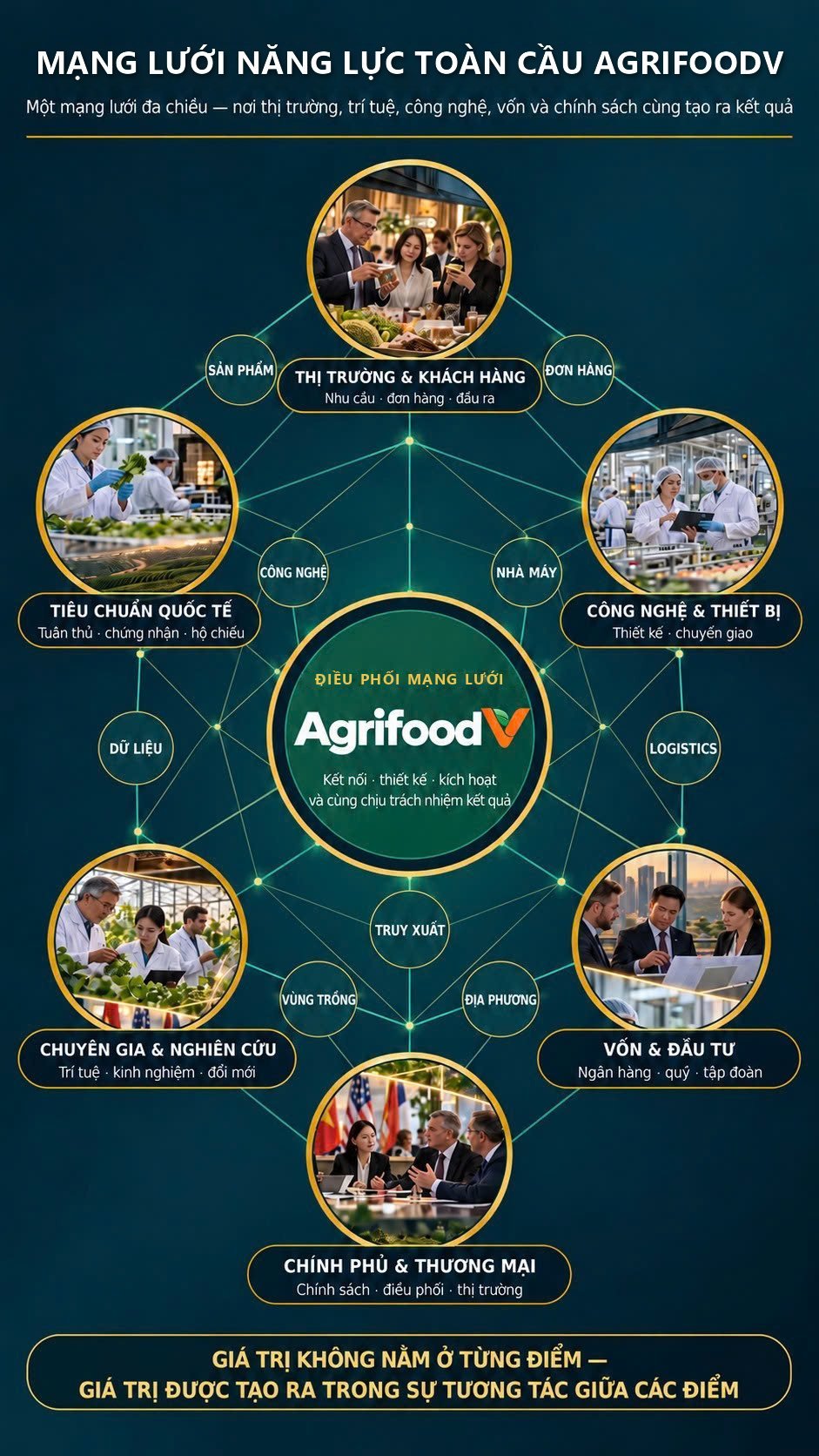 Mạng lưới năng lực toàn cầu của AgrifoodV: AgrifoodV điều phối sáu nhóm năng lực: thị trường và khách hàng, công nghệ và thiết bị, vốn và đầu tư, chính phủ và thương mại, chuyên gia và nghiên cứu, tiêu chuẩn quốc tế.