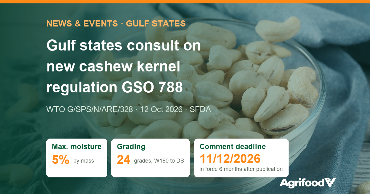 Gulf states consult on new cashew kernel regulation GSO 788, comments due 11 Dec 2026