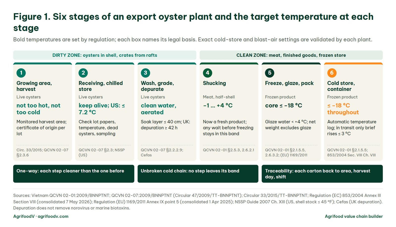 Diagram of the six stages of an export oyster plant: growing area, receiving, washing and depuration in the dirty zone; shucking held at −1 to +4 °C, freezing to a core of ≤ −18 °C, cold store and container at ≤ −18 °C in the clean zone, with the legal basis for each stage