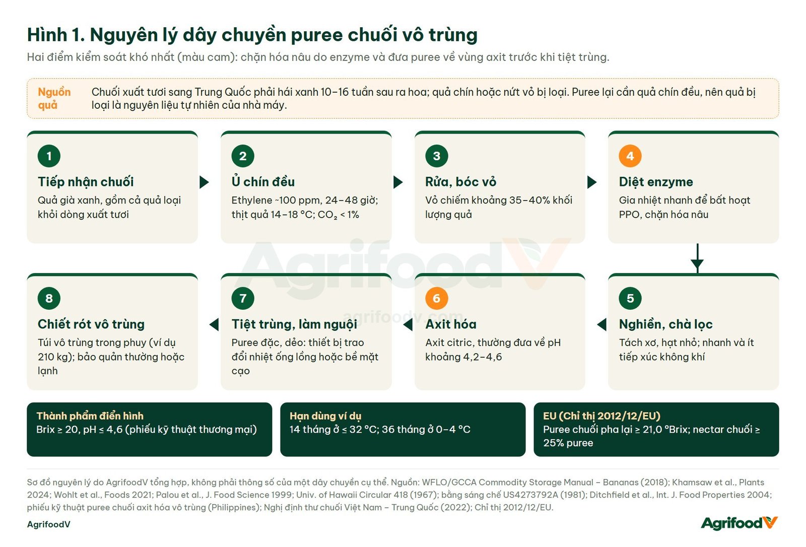 Sơ đồ nguyên lý dây chuyền puree chuối vô trùng: ủ chín, bóc vỏ, diệt enzyme, nghiền, axit hóa, tiệt trùng, chiết rót vô trùng